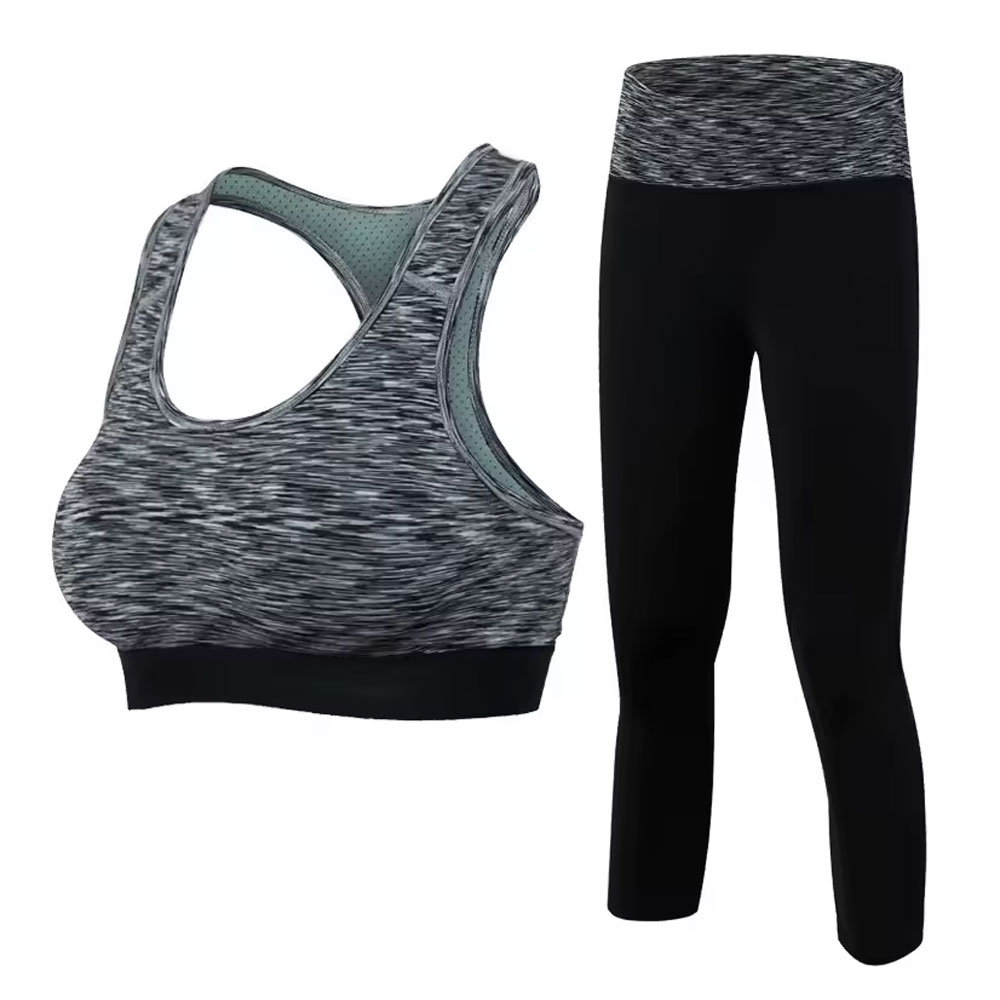 Close-up of high-waisted leggings and a sports bra in matching fabric
