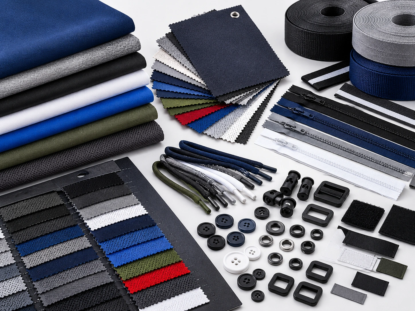 Fabric swatches, trims and labels laid out for product costing