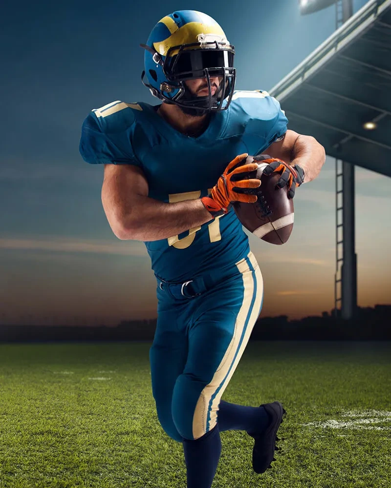 Football and rugby team uniforms with matching shorts and socks