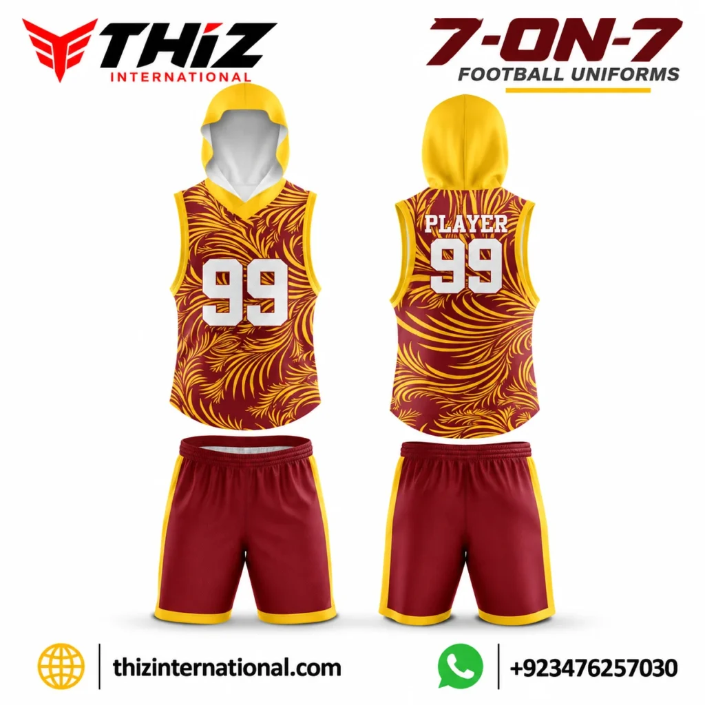 Maroon and gold 7-on-7 football uniforms
