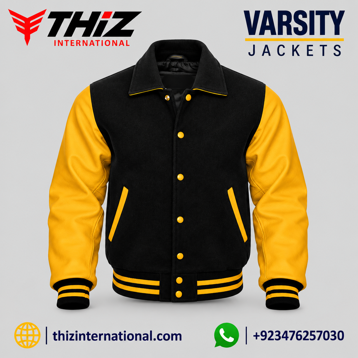 Black and Gold Varsity Jacket Advertisement Varsity Jacket | Powerful Letterman Casual Outerwear - Image 1