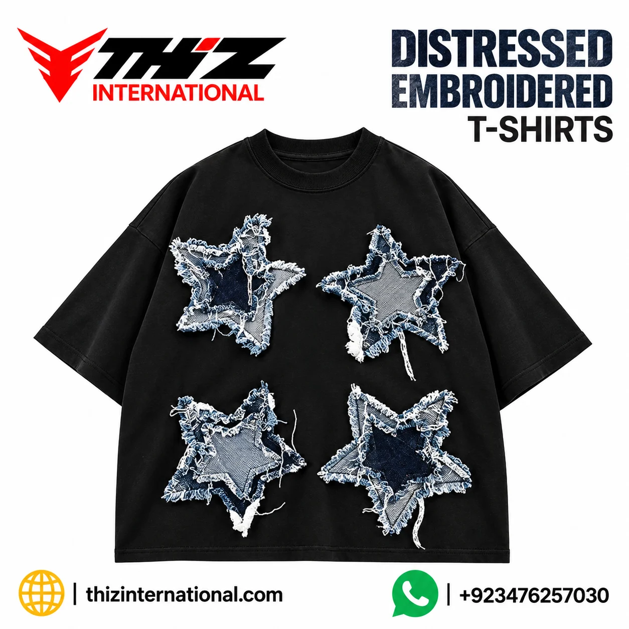 36-Star Premium Distressed Embroidered T-Shirt | Vintage Streetwear Tee Distressed Embroidered T-Shirt