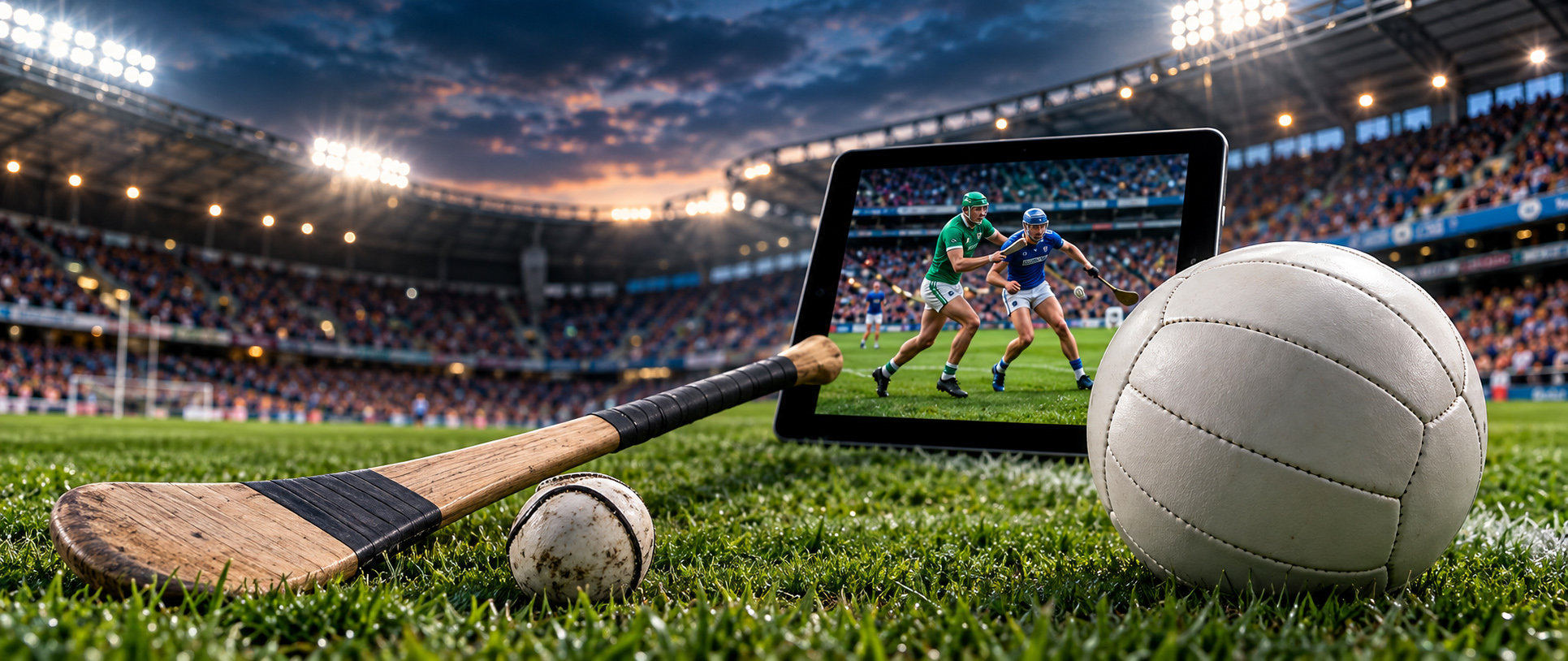 GAA gear manufacturer showcasing Gaelic football, ash hurley, sliotar and training cones on a GAA pitch