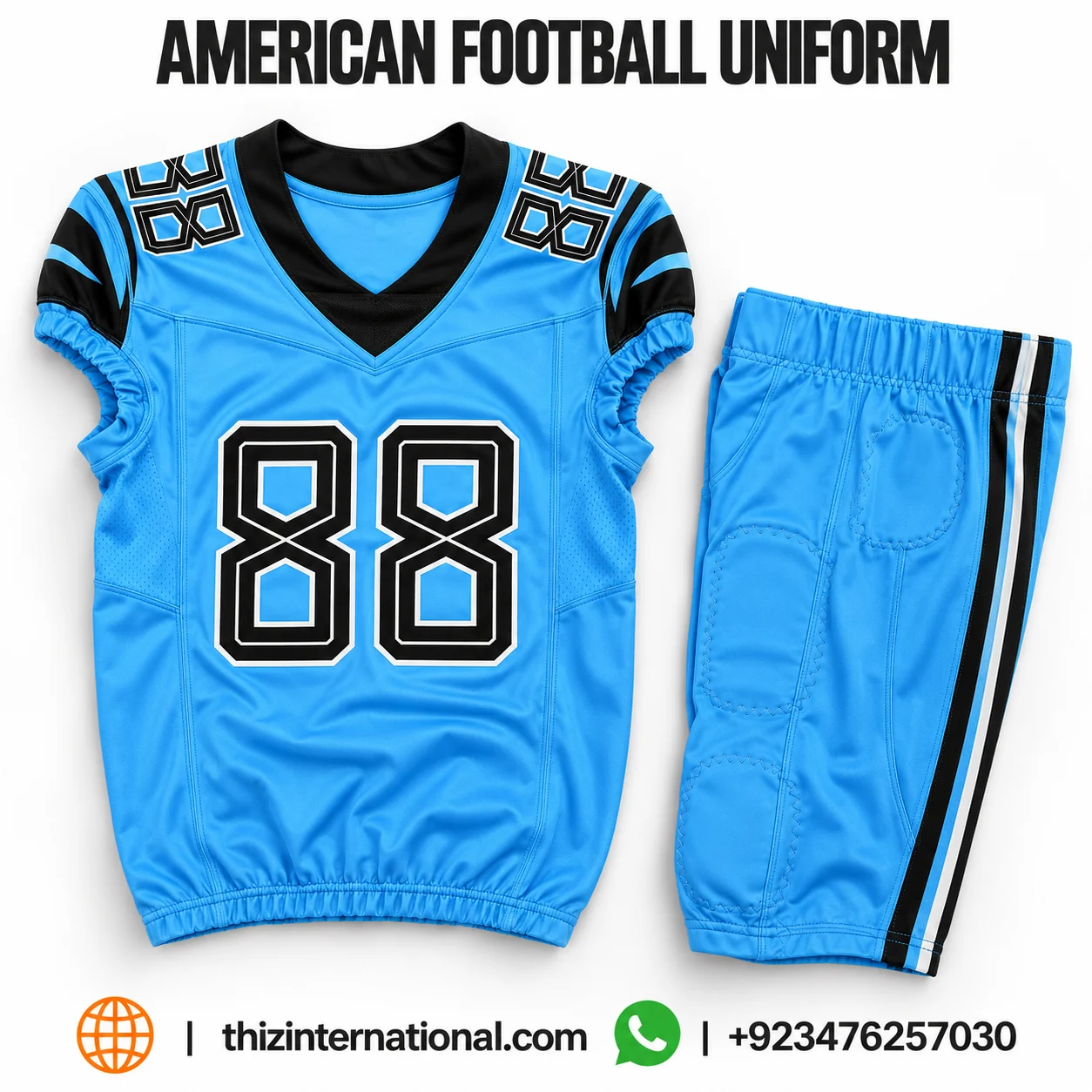 Sky blue custom football uniform with gold chrome tackle twill numbers