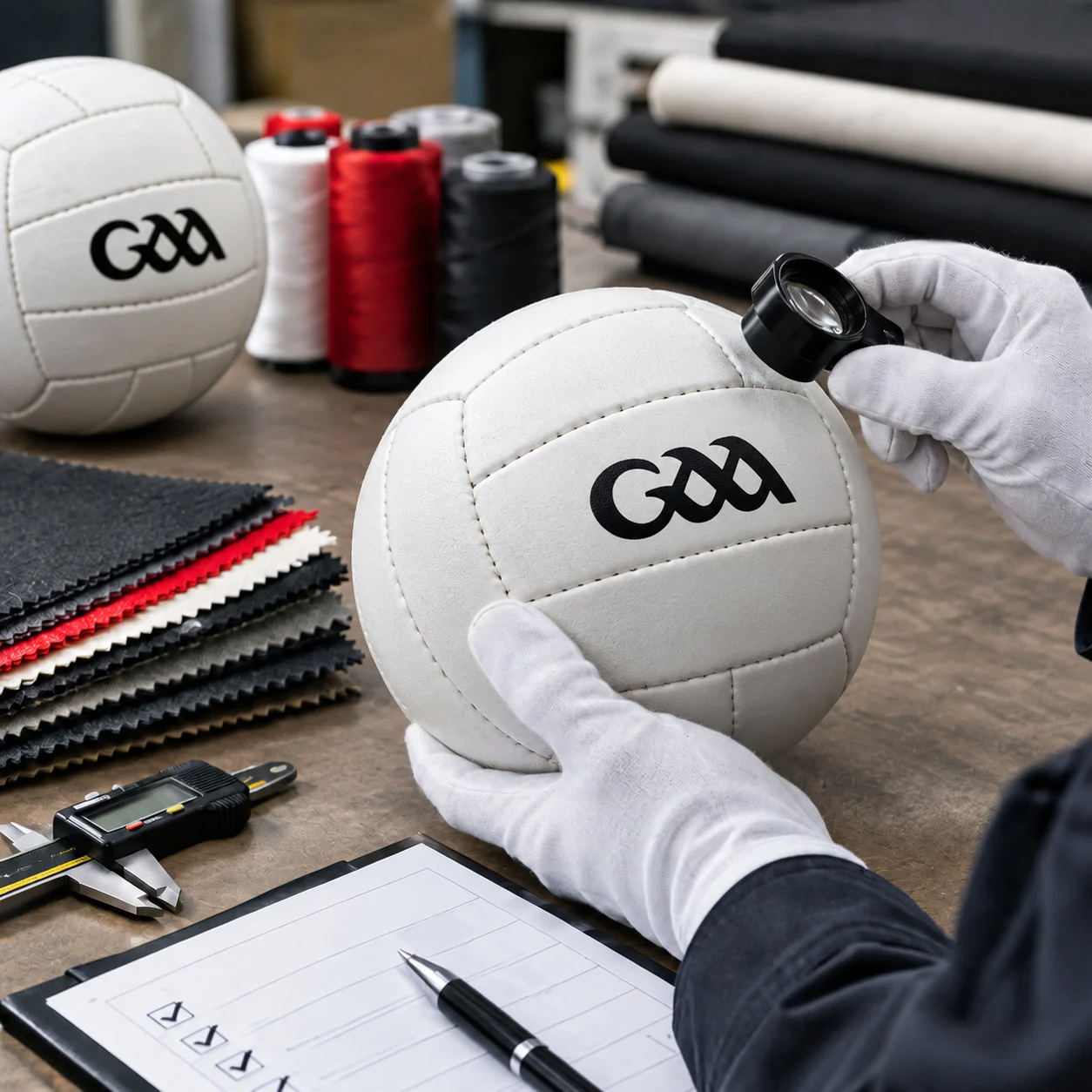 Inspection of synthetic leather material before cutting GAA ball panels